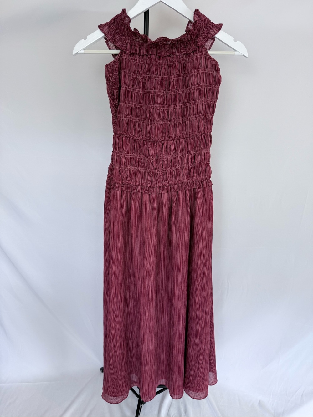 LOFT Burgundy Smocked Ruffle Neck Maxi Dress